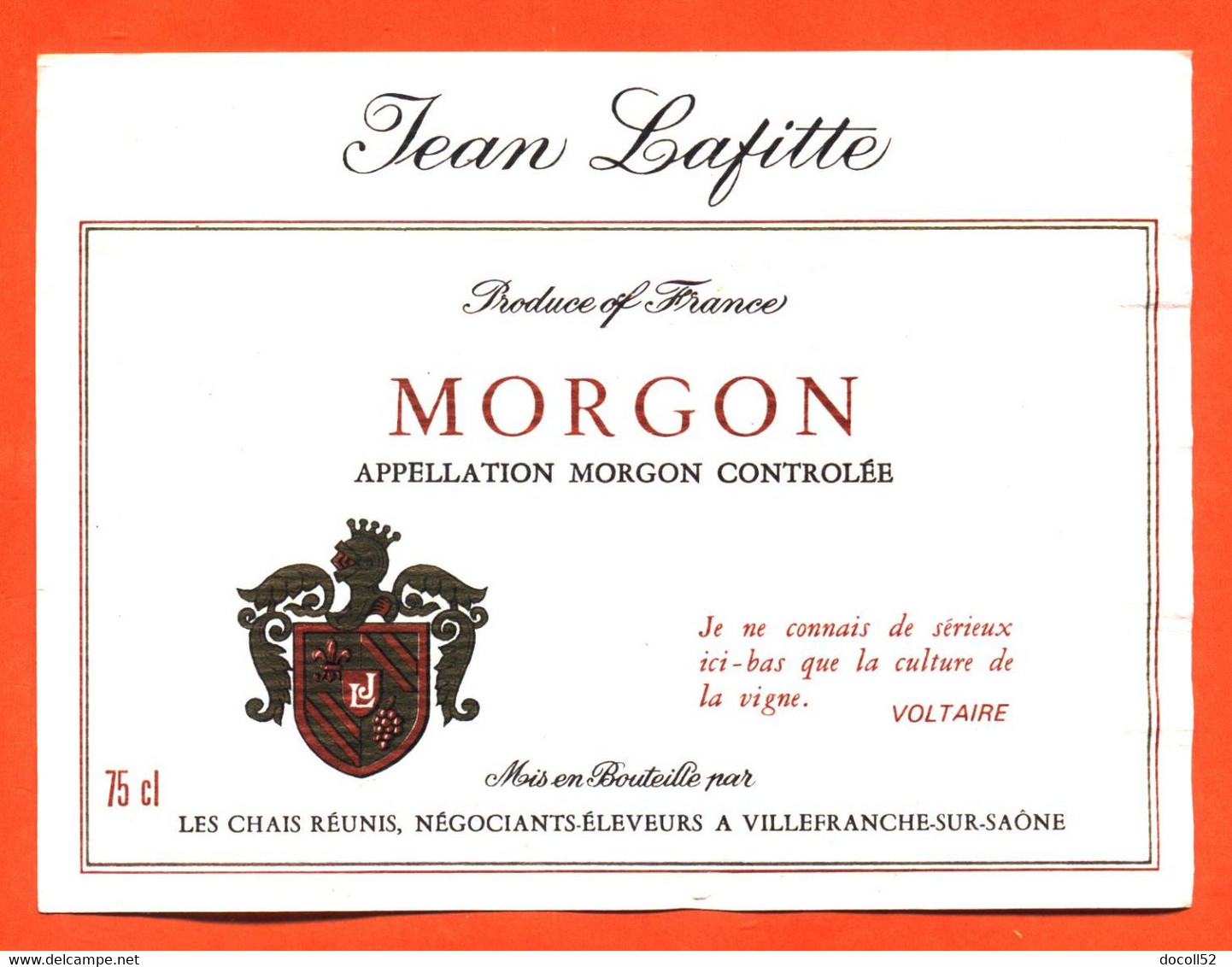 étiquette De Vin De Morgon Jean Lafitte à Villefranche Sur Saone - 75 Cl - Beaujolais