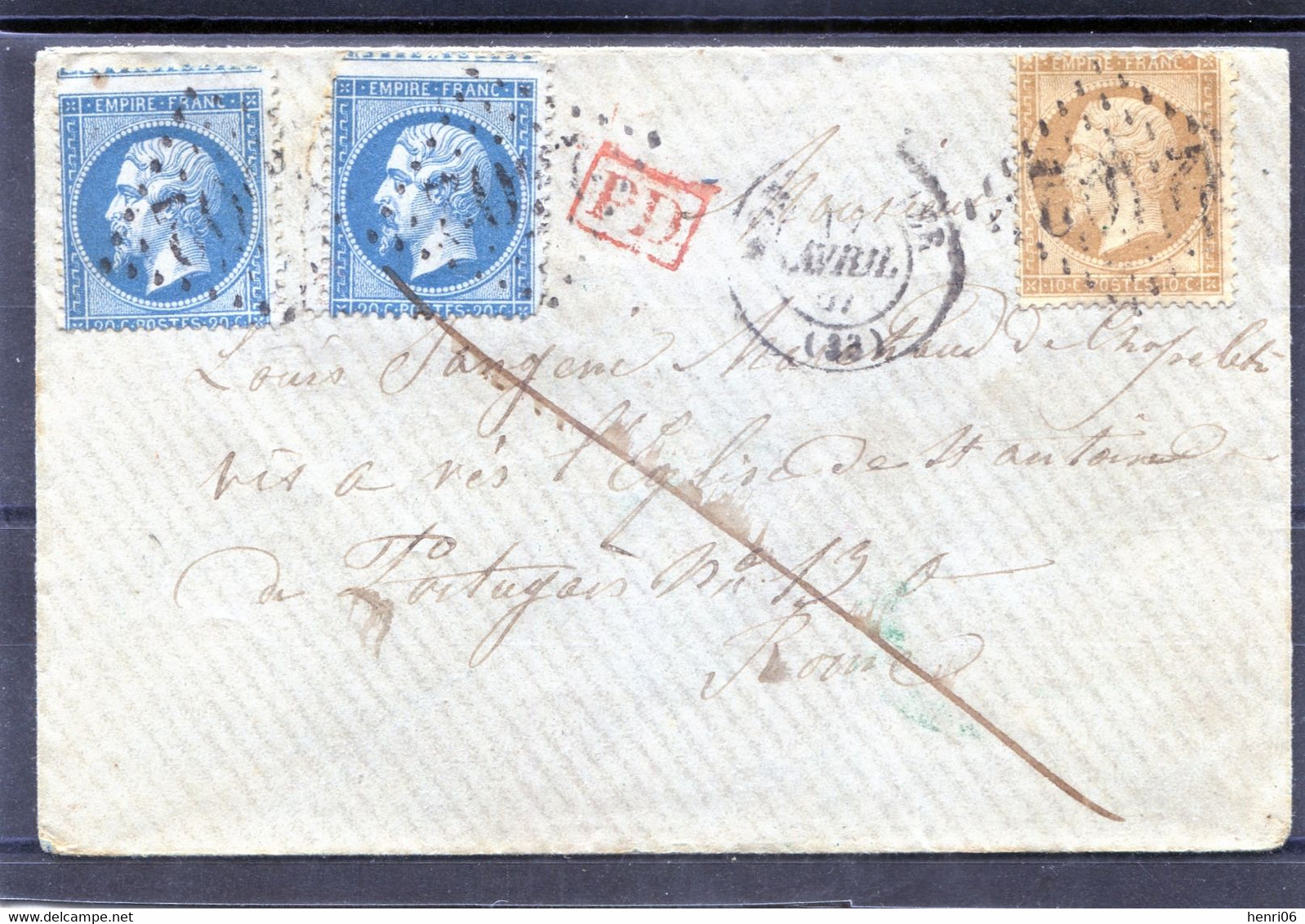 =*= Napoléon 21 + 22x2 Sur Lettre Au Tarif Montpellier>>>>Rome 17 Avril 1867 =*= - 1862 Napoléon III.