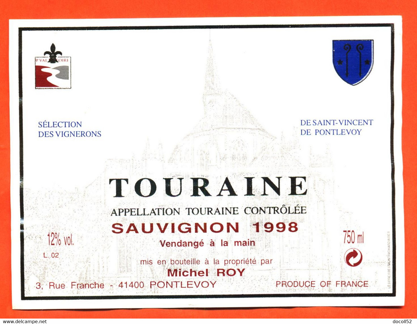 étiquette De Vin Touraine Sauvignon 1998 Michel Roy à Pontlevoy - 75 Cl - Vin De Pays D'Oc