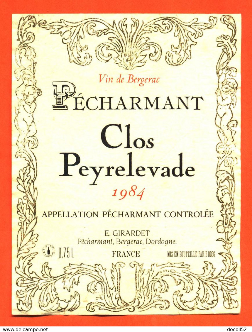 étiquette De Vin Pécharmant Clos Peyrelevade 1984 E Girardet à Pécharmant - 75 Cl - Bergerac