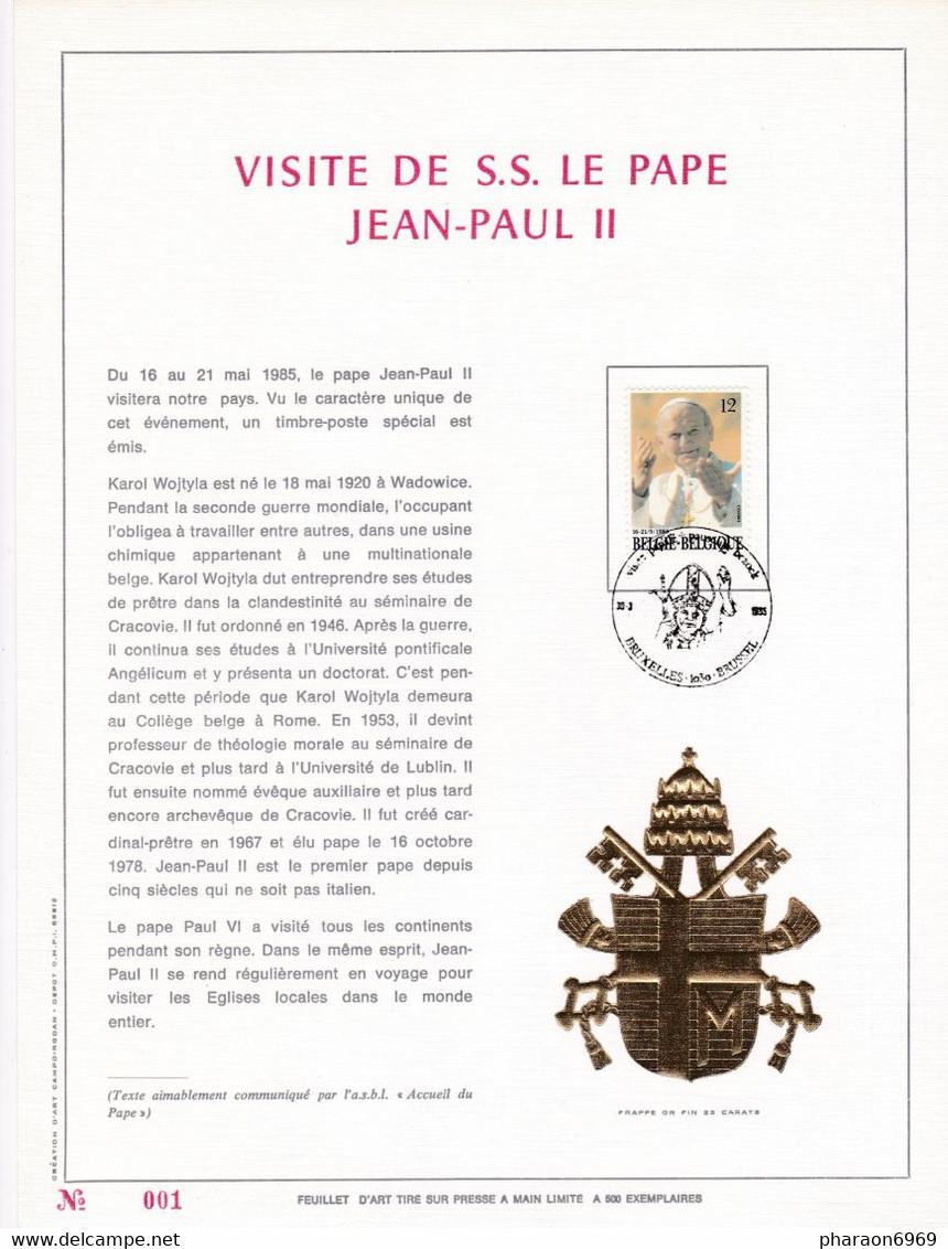 Exemplaire N°001 Feuillet Tirage Limité 500 Exemplaires Frappe Or Fin 23 Carats 2166 Visite S.S. Le Pape Jean Paul II - Feuilles Complètes & Feuillets