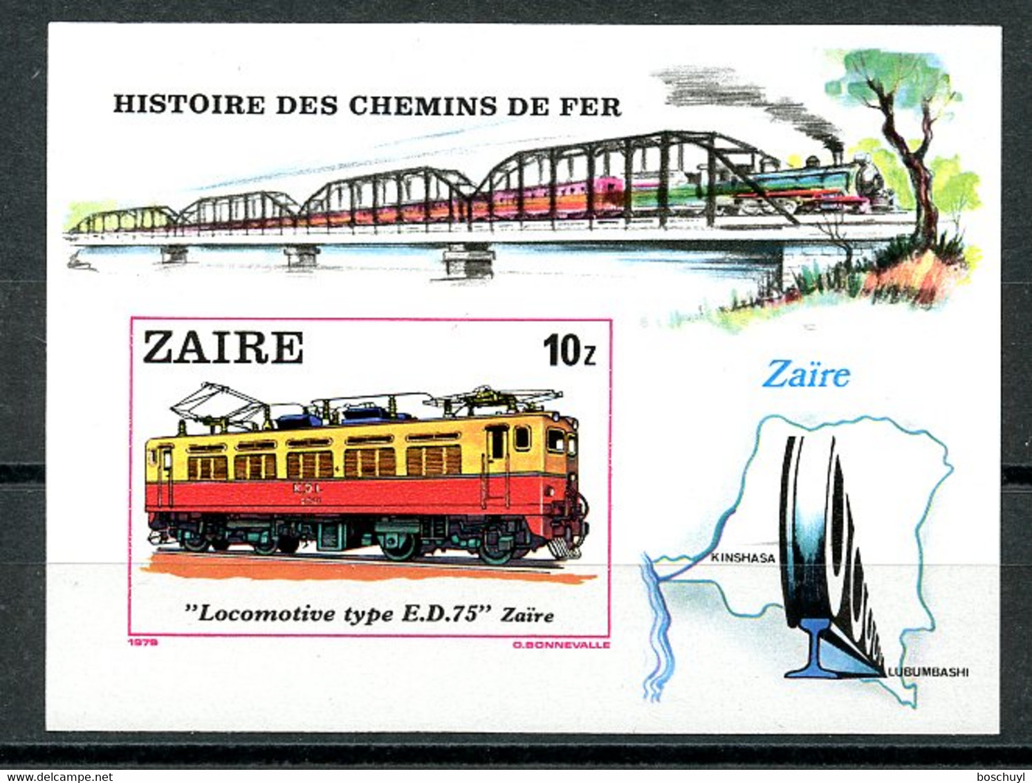 Zaire, 1980, Locomotives, Trains, Railroads, MNH Imperforated Sheet, Michel Block 31U - Otros & Sin Clasificación