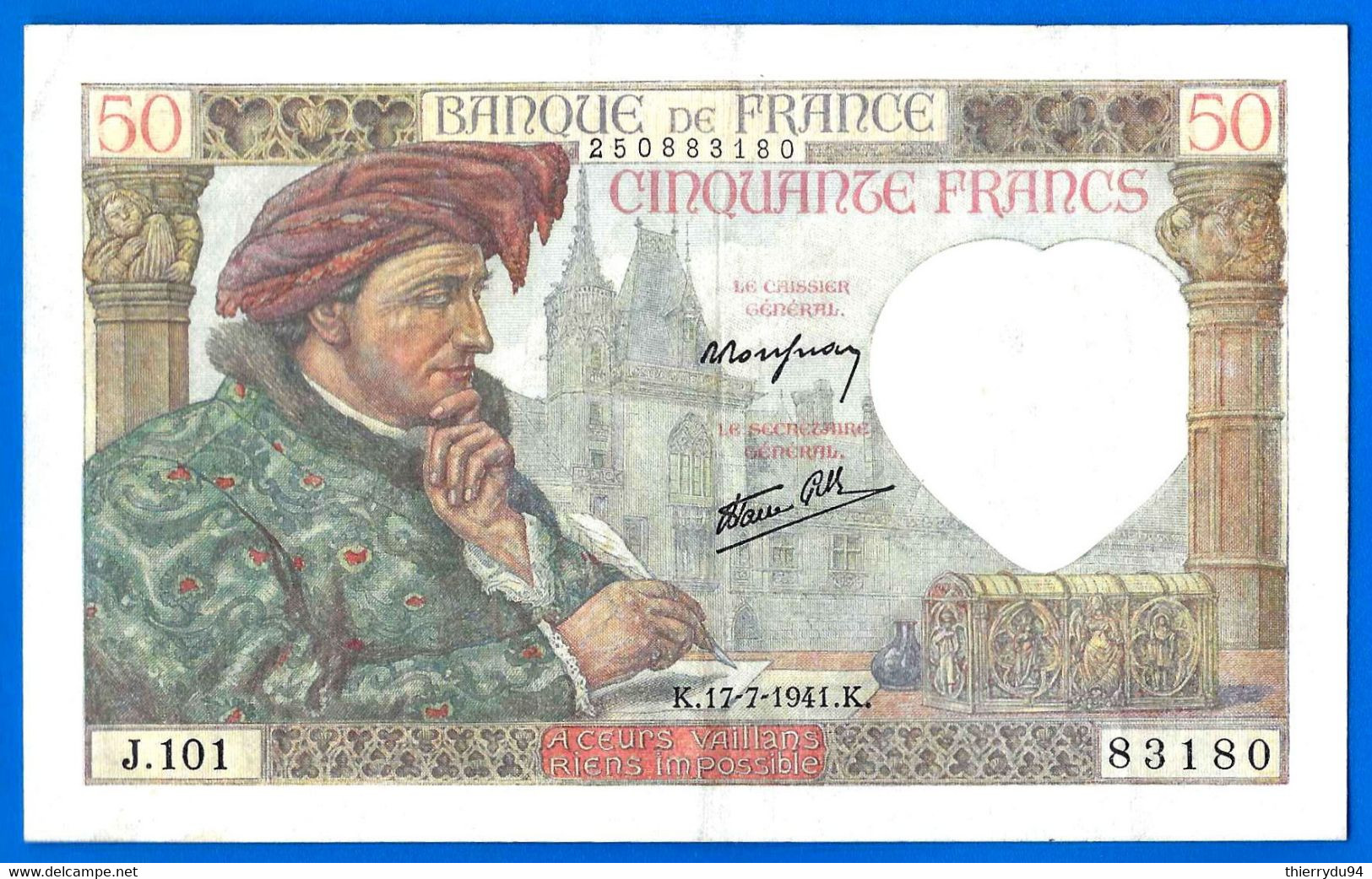 France 50 Francs 1941 17 Juillet Jacques Coeur Que Prix + Port Bourges Paypal Bitcoin OK - 50 F 1940-1942 ''Jacques Coeur''