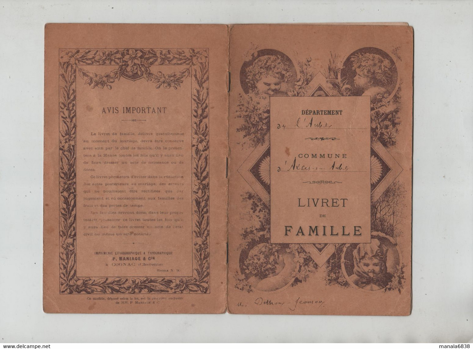 Livret De Famille Arcis Sur Aube Dethon Jeanson Mariage 1896 - Non Classés