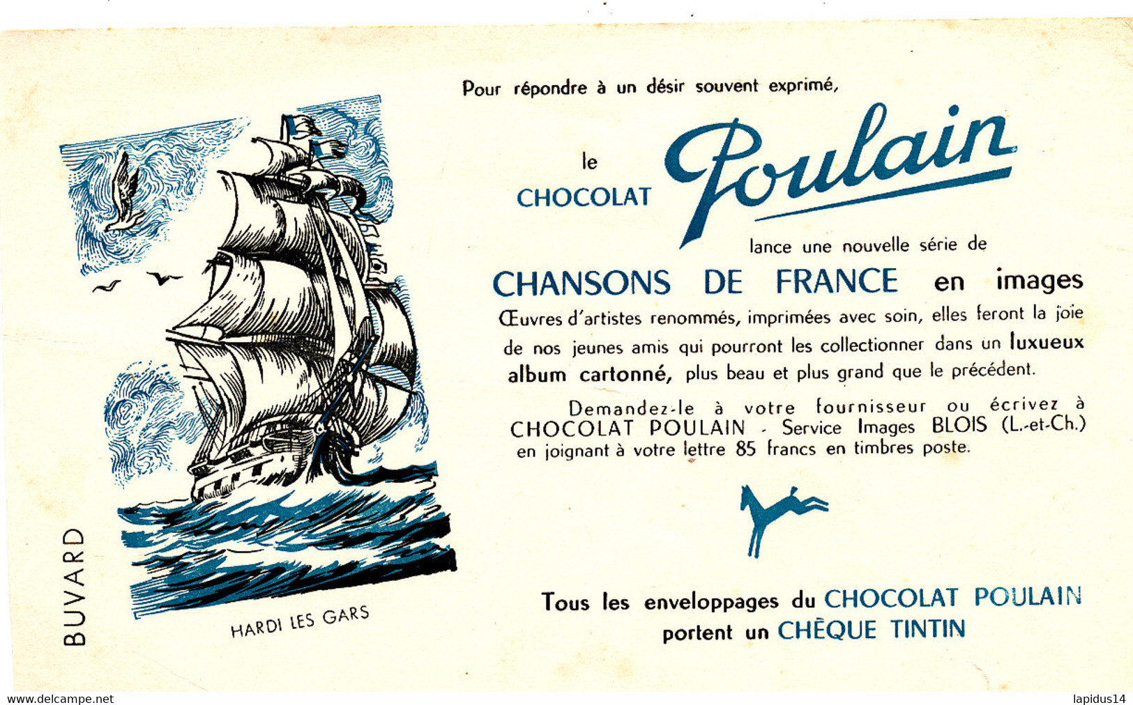 BU 1976 /   BUVARD-  LE CHOCOLAT POULAIN  CHANSONS DE FRANCE    (21,00 Cm X 12,50 Cm) - Chocolat
