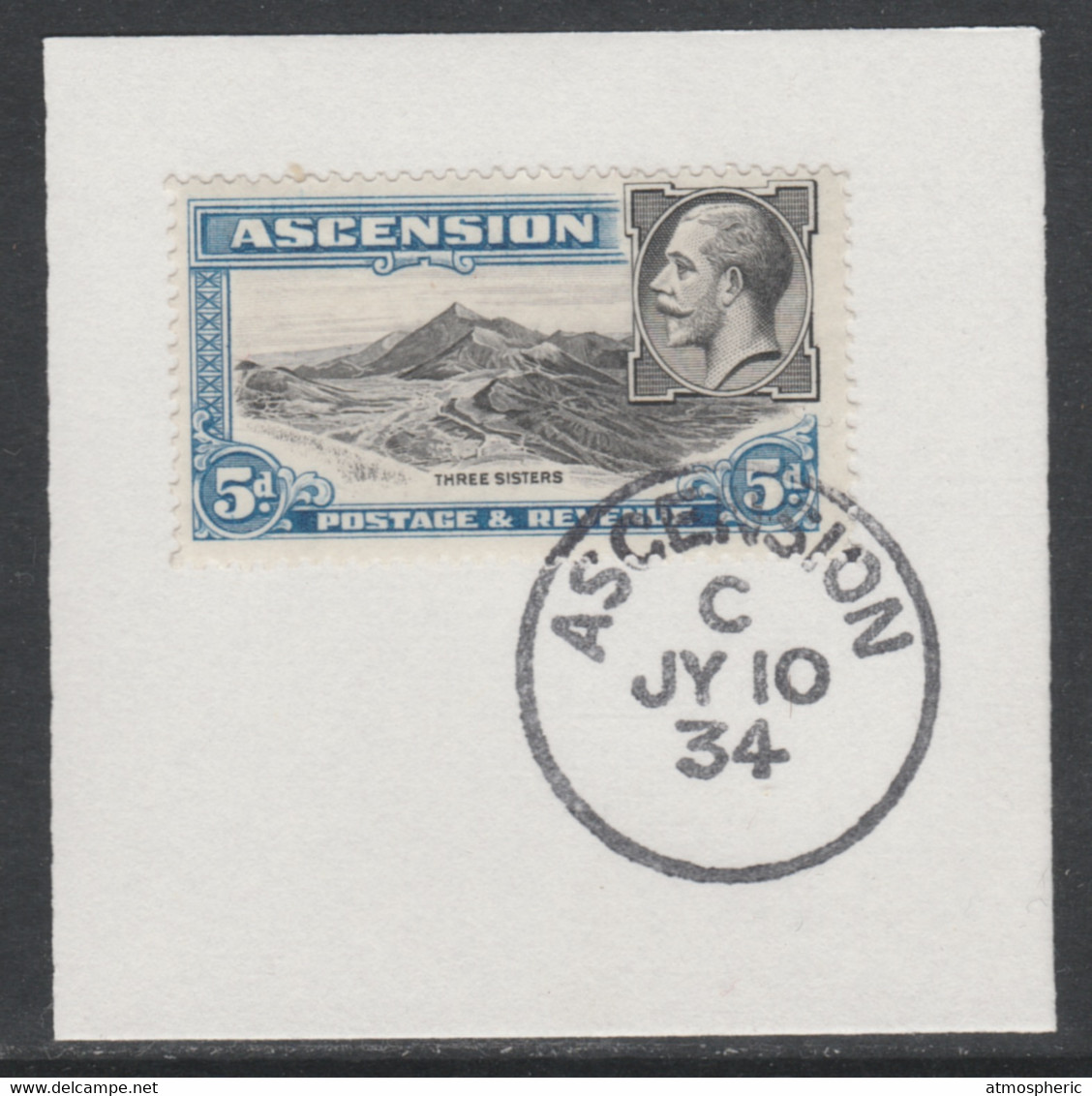 Ascension 1934 KG5 Pictorial 5d Three Sisters SG 26 On Piece With Full Strike Of Madame Joseph Forged Postmark Type 21 - Vignetten (Erinnophilie)