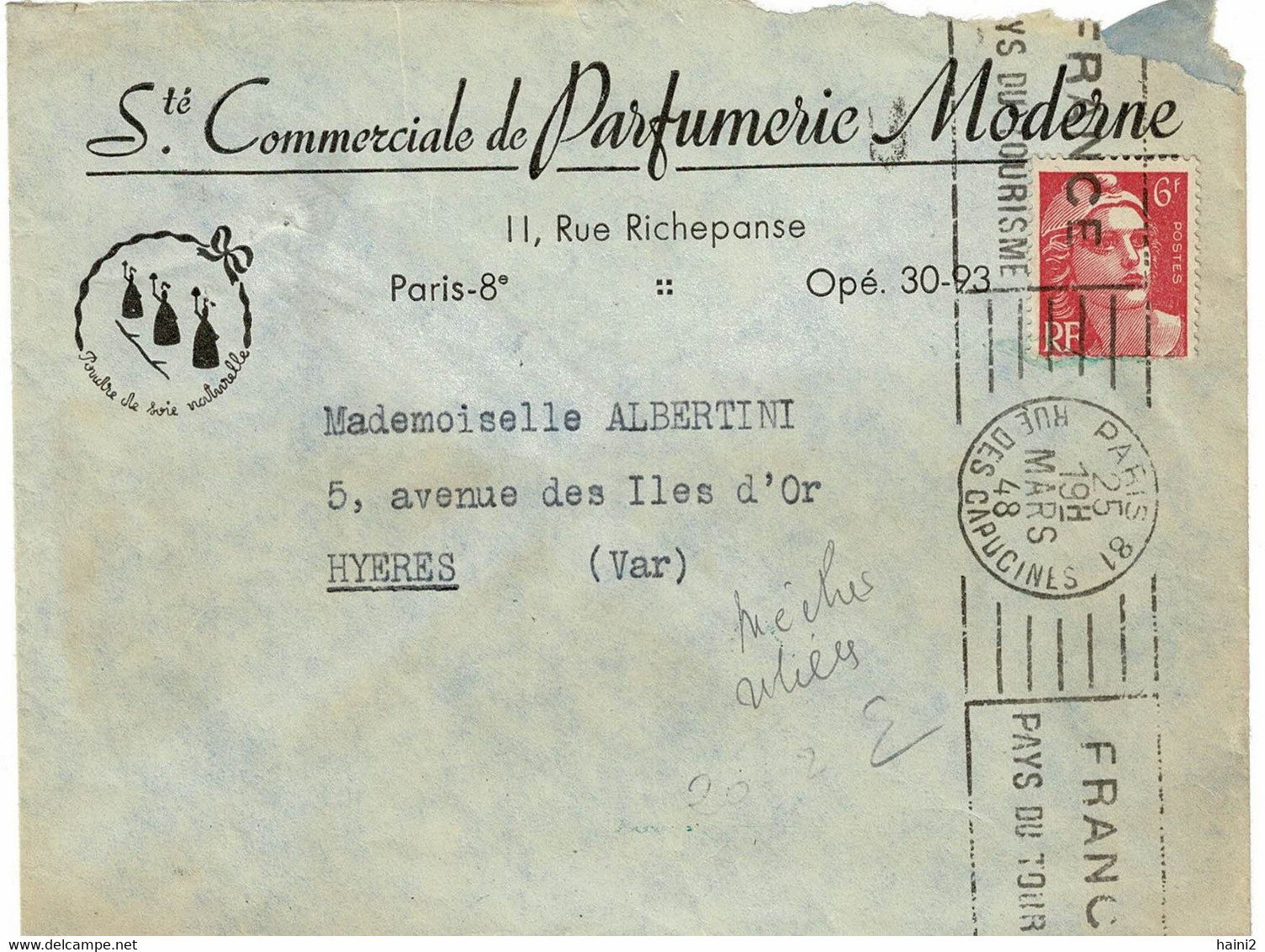 Lettre 25 3.48  Affranchie Gandon 6 Frs Seul Sur Lettre Variété Mèches Reliées  TYPE 721 A - Briefe U. Dokumente