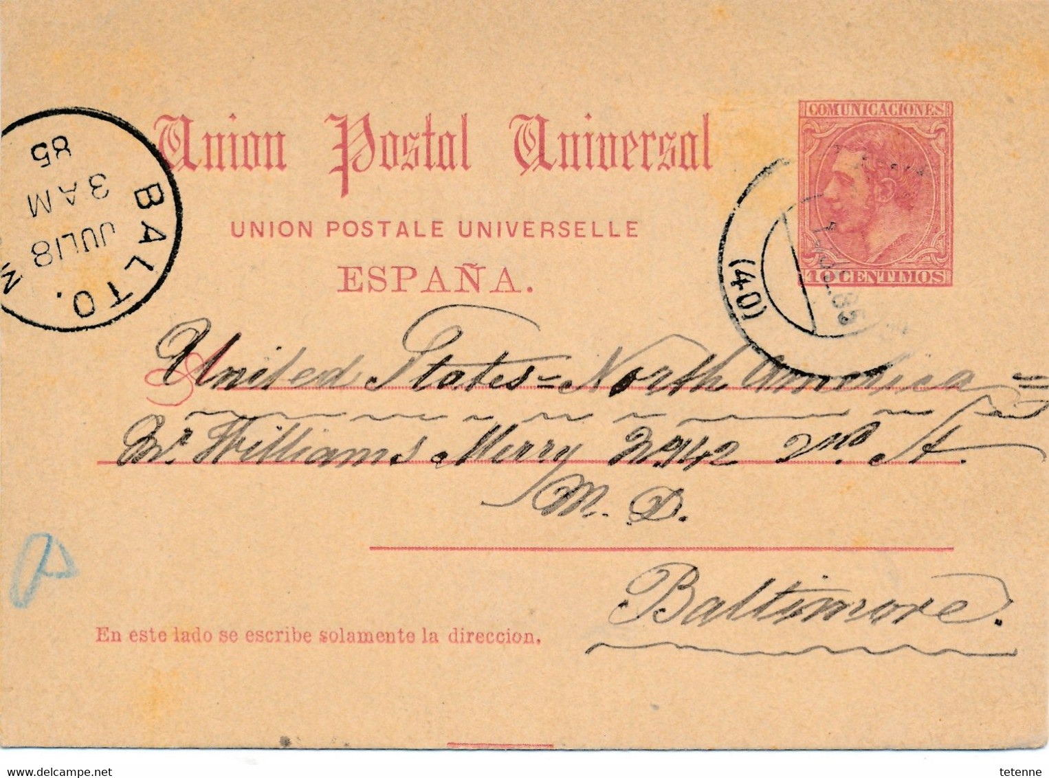 1 Carte Entier Postal  D ESPAGNE Pour  BALTIMORE USA De SEVILLE 1885    Carte Coupée - Otros & Sin Clasificación