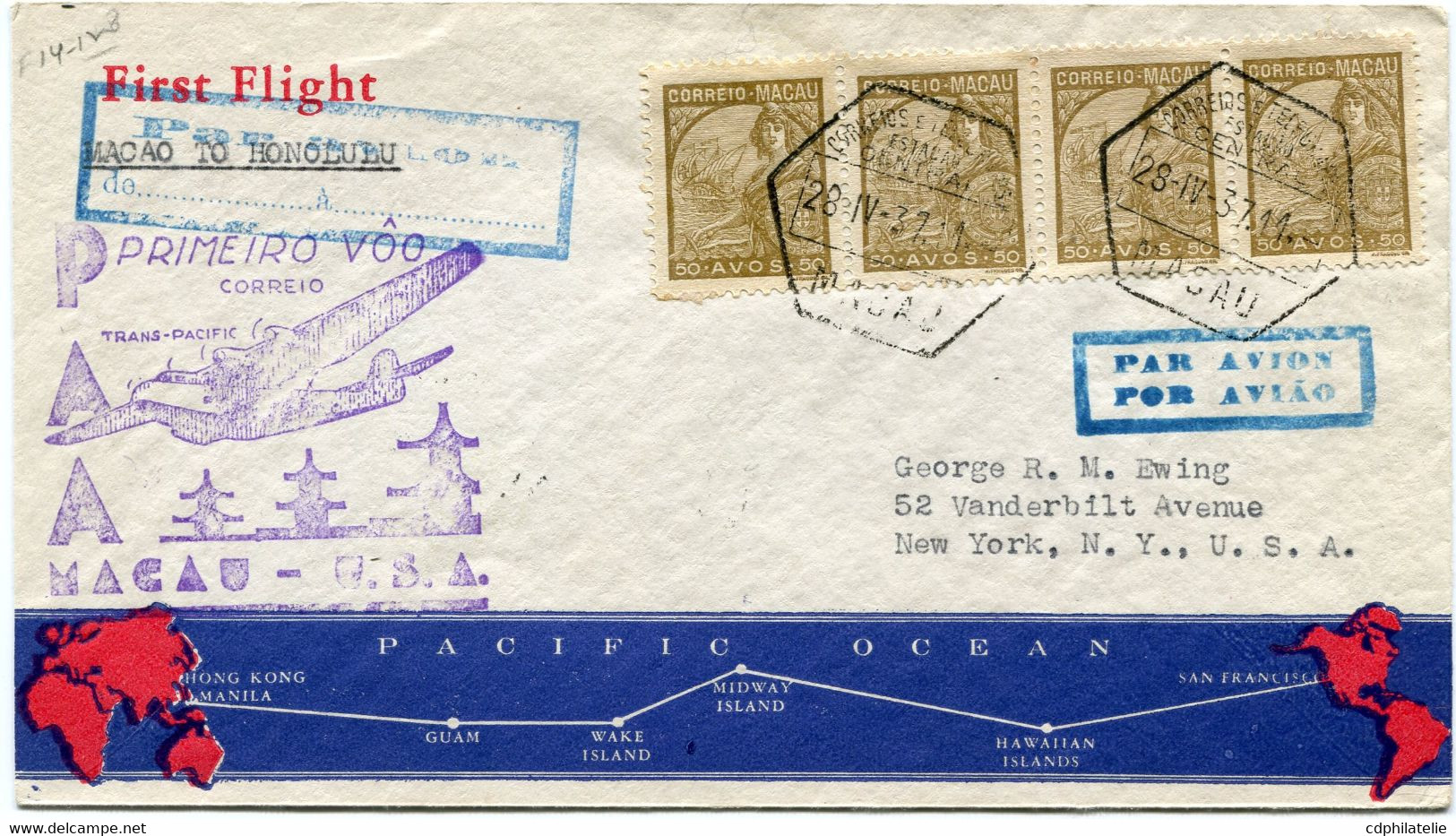 MACAO LETTRE PAR AVION " FIRST FLIGHT MACAO - HONOLULU " DEPART MACAU 28 IV 37 POUR LES ETATS-UNIS - Cartas & Documentos