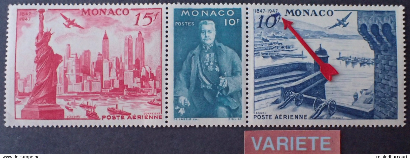 R1118/274 - 1947 - MONACO - POSTE AERIENNE - N°25 à 27 NEUFS** - VARIETE ➤➤➤ Tache Bleue Sur Le " 10f " - Plaatfouten En Curiosa