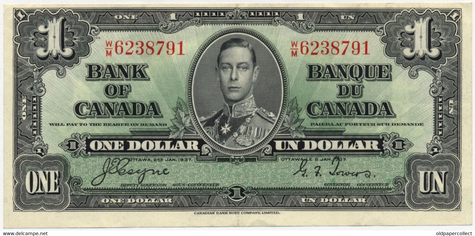 CANADA KANADA 1 DOLLAR Pick-58e George VI / Allegorical Woman Signatures: Coyne & Towers 1937 XF+ - Canada