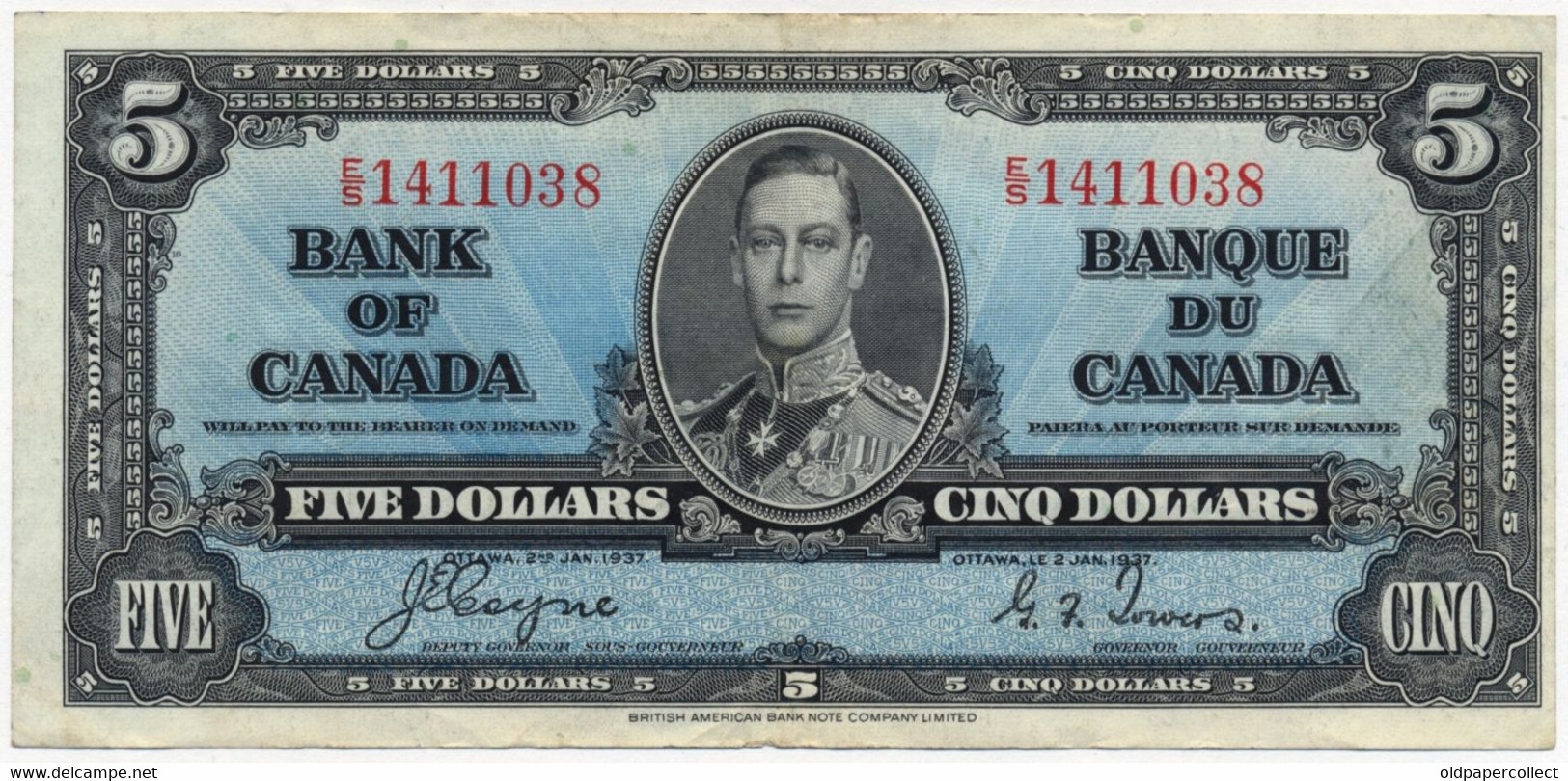 CANADA KANADA 5 DOLLAR Pick-60c George VI / Allegorical Man "Electrical Power" Signatures: Coyne & Towers 1937 VF+ / XF- - Kanada