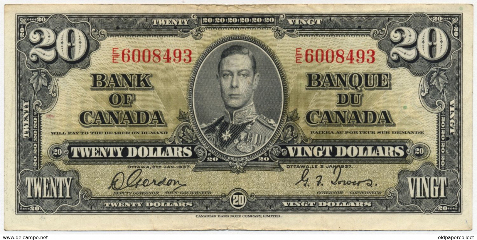 CANADA KANADA 20 DOLLARS Pick-62b George VI / Allegorical Woman "Agriculture" Signatures: Gordon & Towers 1937 VF+ - Canada