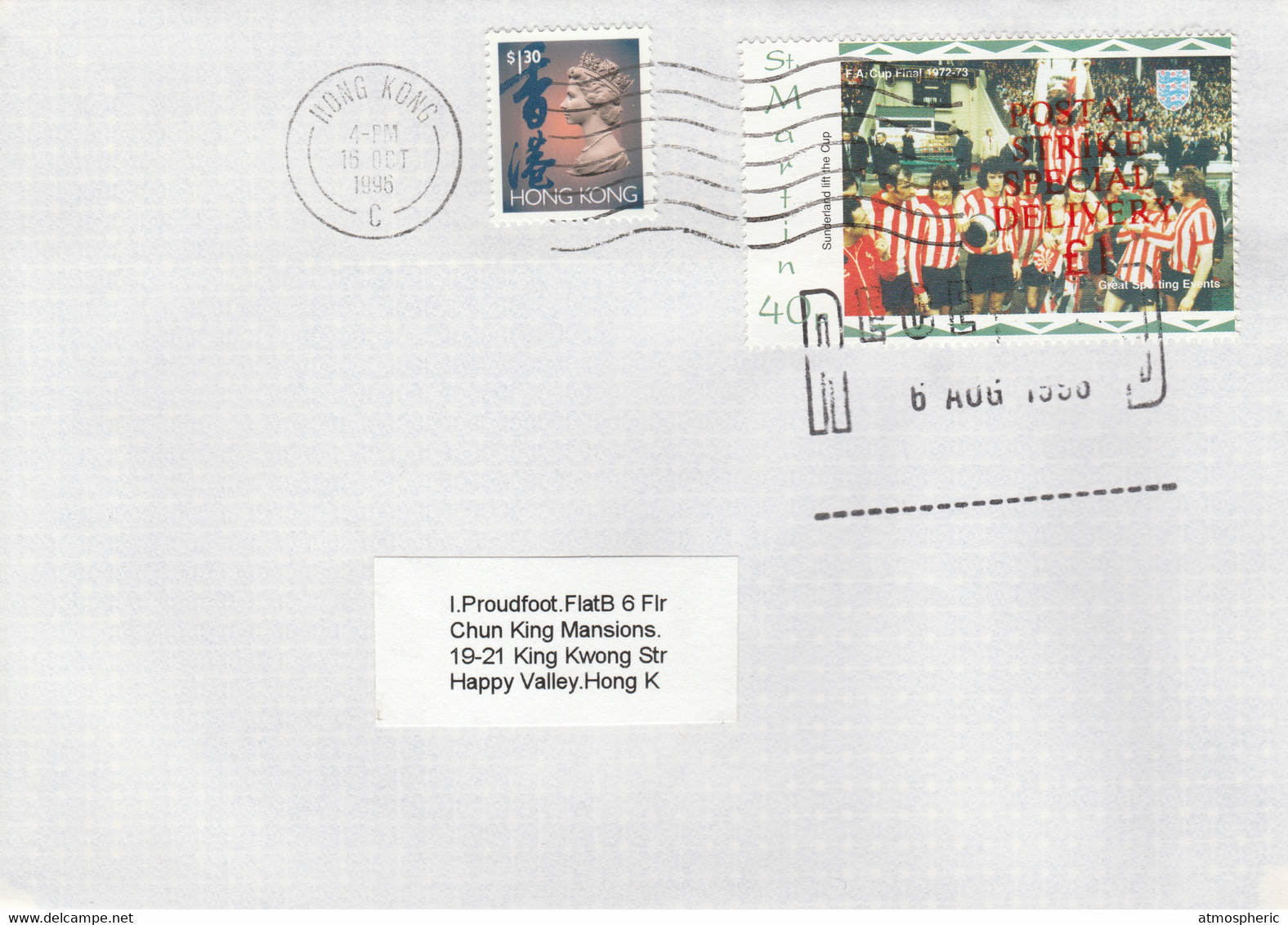 Great Britain 1996 Postal Strike Cover To Hong Kong Bearing St Martin 40p (Great Britain Local) - Cinderellas