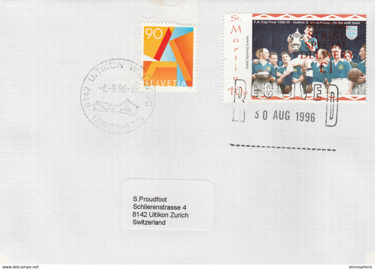 Great Britain 1996 Postal Strike Cover To Switzerland Bearing St Martin 10p (Great Britain Local) - Cinderellas