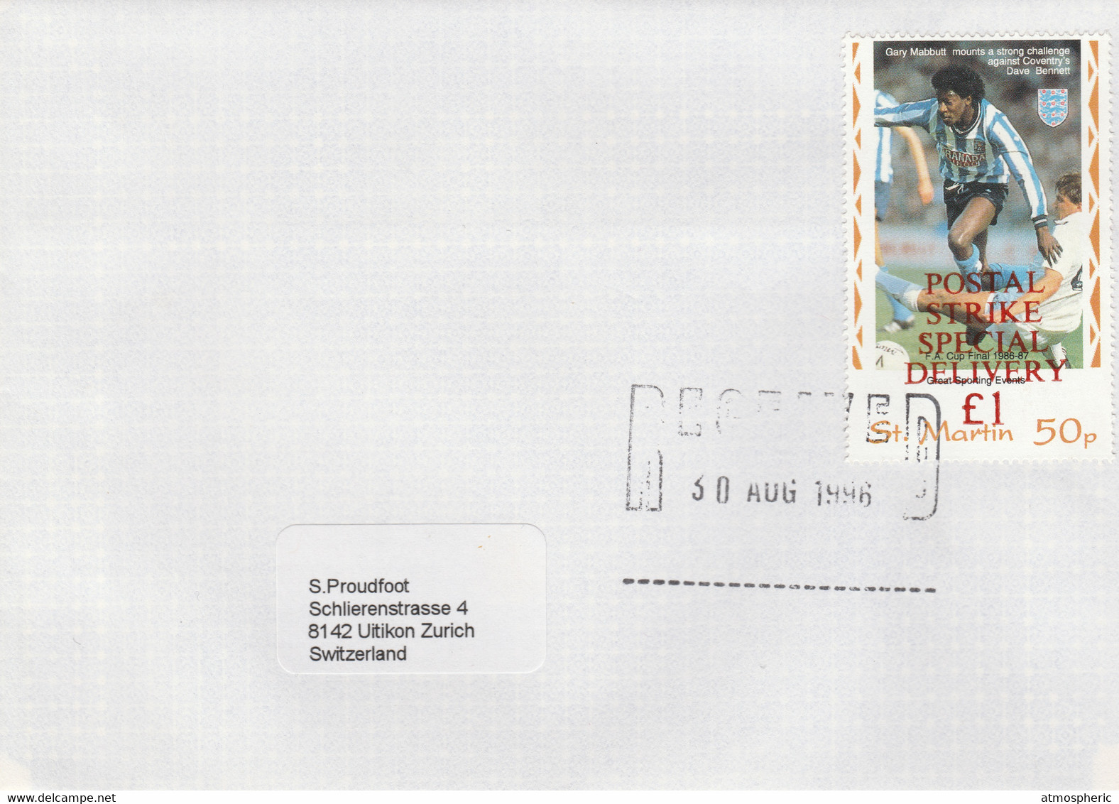 Great Britain 1996 Postal Strike Cover To Switzerland Bearing St Martin 50p - Cinderellas