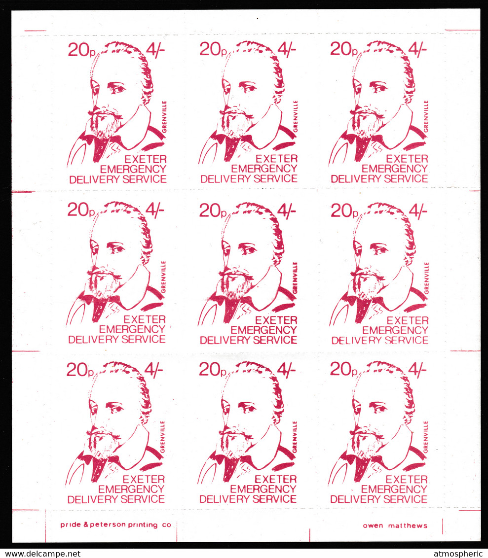 GB 1971 Exeter Emergency Delivery Service 20p-4s Label Depicting Grenville, A Complete Sheet Of 9 U/M - Cinderellas