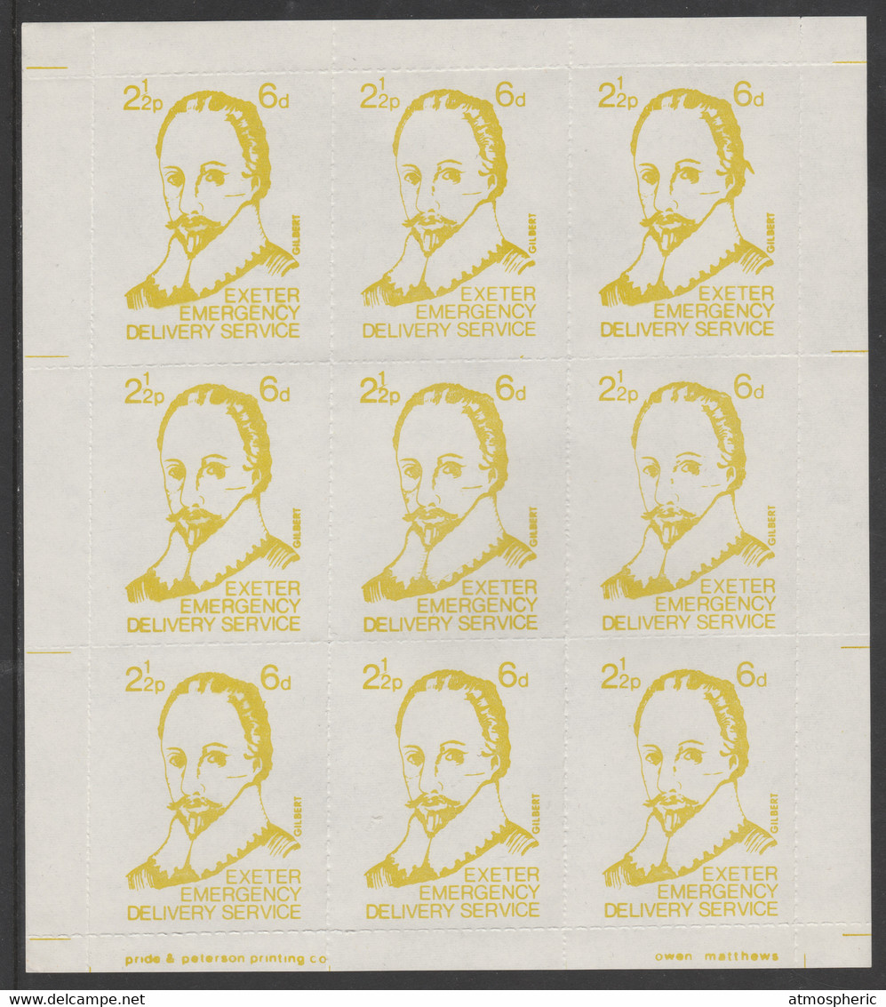 GB1971 Exeter Emergency Delivery Service 2.5p-6d Label Depicting Gilbert In Complete Sheet Of 9 U/M - Cinderellas