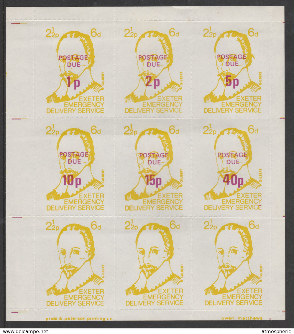 GB 1971 Exeter Emergency Delivery Service 2.5p-6d Labels Depicting Gilbert In A Complete Sheet Of 9 Comprising Set Of 6 - Cinderella