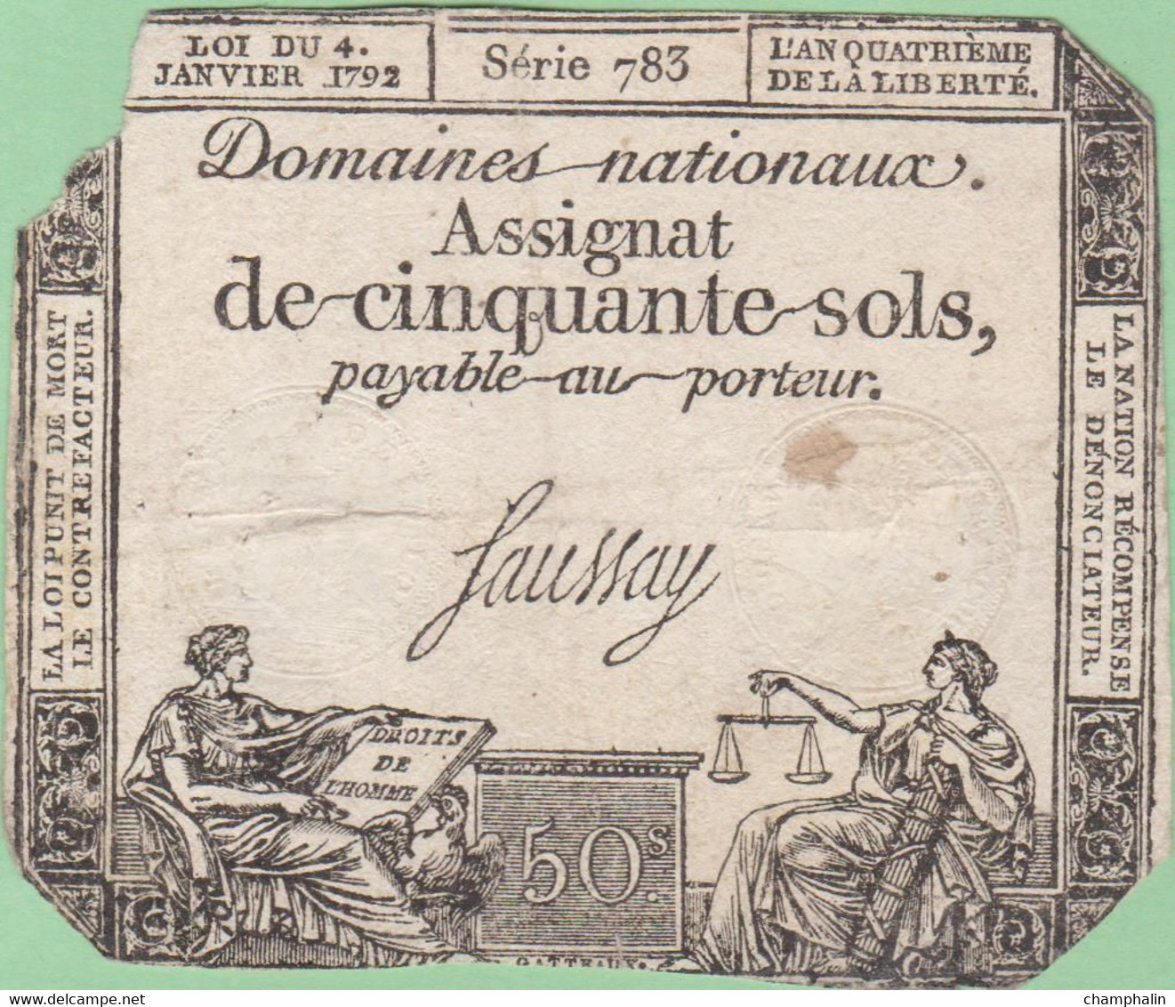 France - Assignat De 50 Sols - 4 Janvier 1792 - Série 783 - Signature Saussay - Assignats