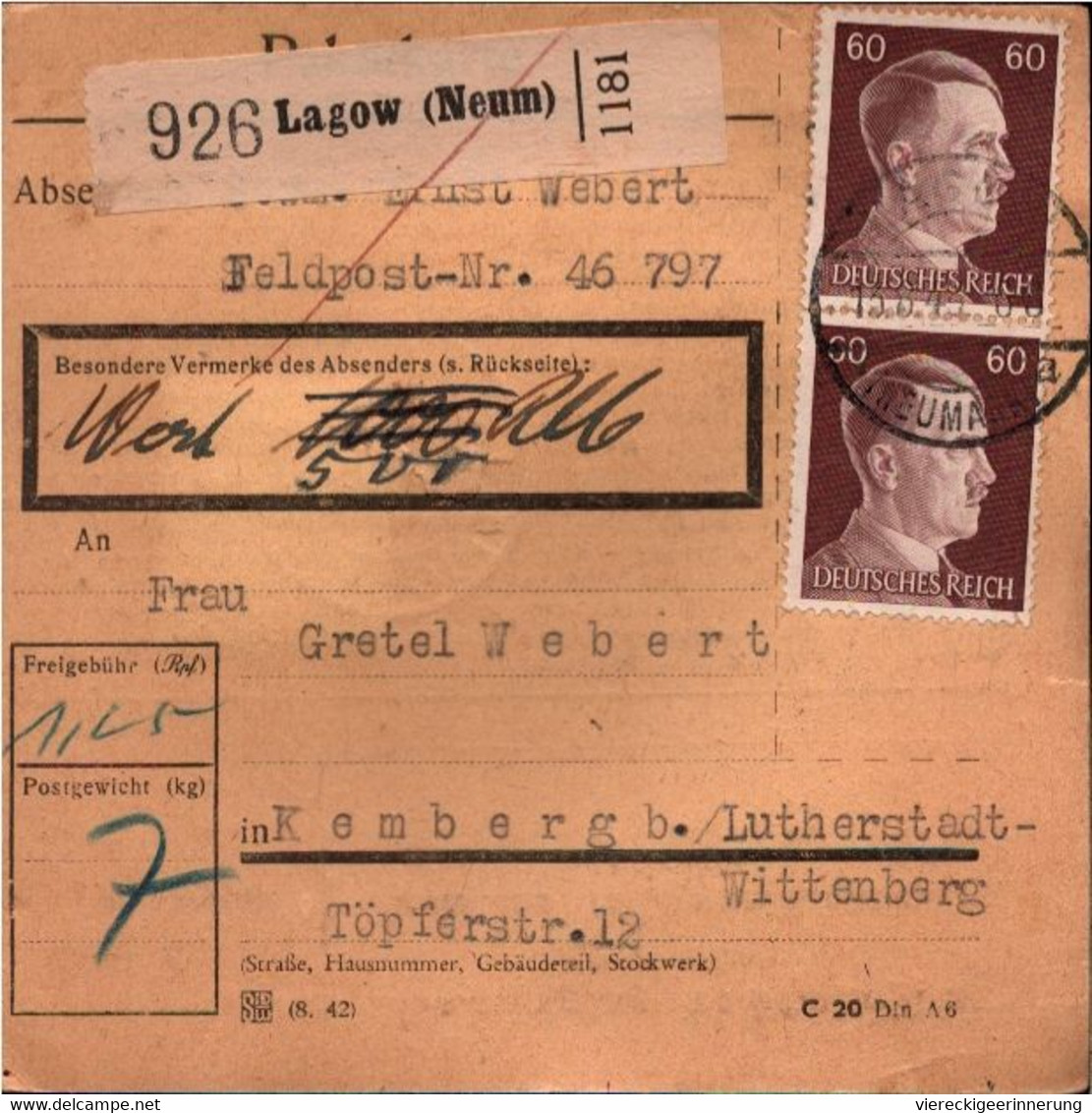 ! 1943 Lagow, Neumark Nach Kemberg, Paketkarte, Deutsches Reich, 3. Reich - Storia Postale