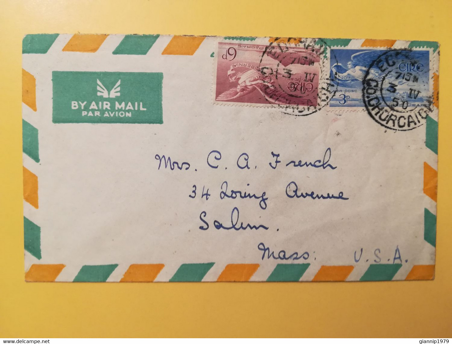 1950 BUSTA INTESTATA AIR MAIL IRLANDA EIRE IRLAND BOLLO ANGELI ANGEL AER POST VICTOR PATRICK SCOTT OBLITERE' PER USA - Brieven En Documenten