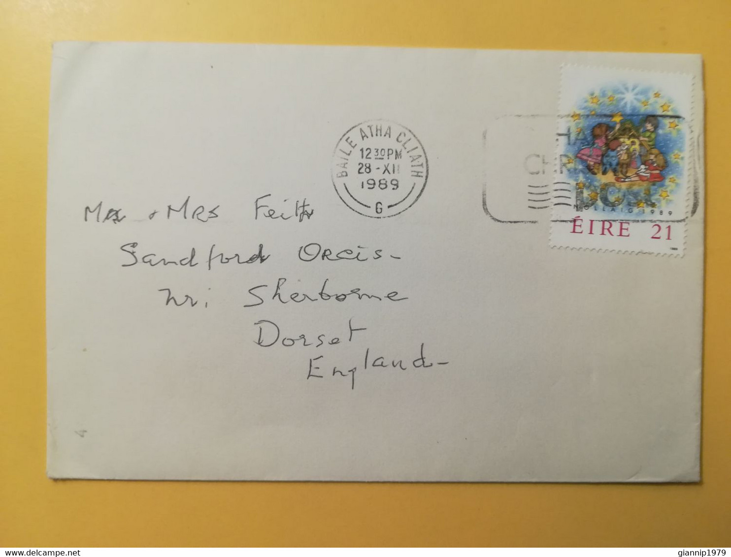 1989 BUSTA IRLANDA EIRE IRLAND BOLLO NATALE CHRISTMAS NOEL OBLITERE' BAILE ATHA CLIATH - Storia Postale