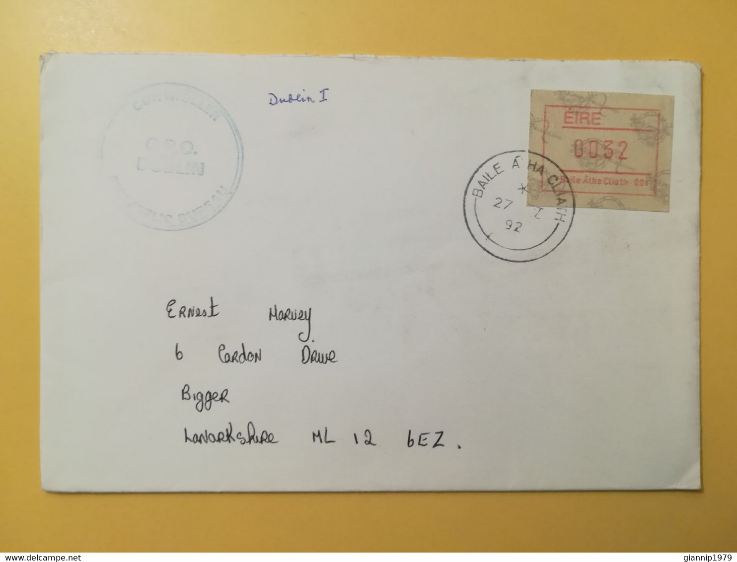 1992 BUSTA IRLANDA EIRE IRLAND BOLLO DISTRIBUTORI ATM ROSSA RED OBLITERE' BAILE ATHA CLIATH TIMBRO CONTROLLER - Cartas & Documentos