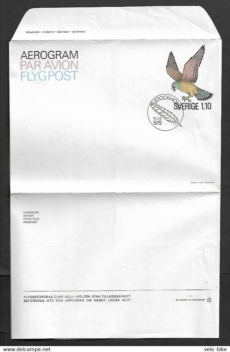 Sweden Aerogram 1975 Kestrel Bird Par Avion Postal Stationery Postal Paid Feather Postmark - Other & Unclassified