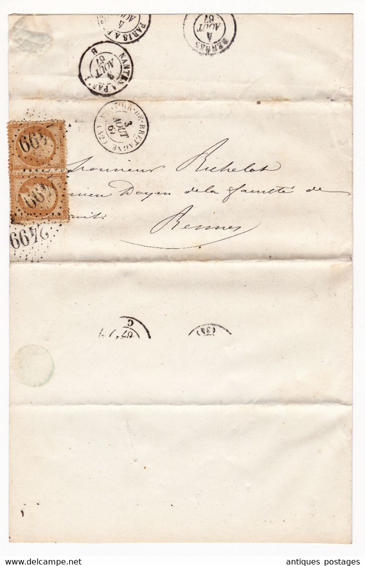 Lettre 1867 Montoir de Bretagne Reneaume Notaire Loire Atlantique Paire Napoléon III 10 Centimes TY # 21 Rennes