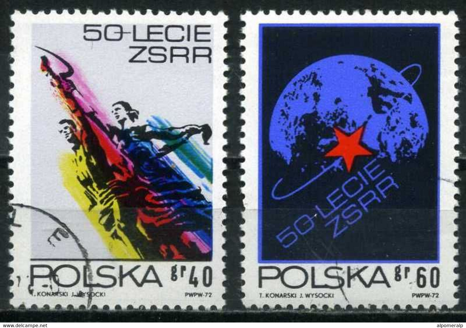 Poland 1972 Mi 2212-2213 50th Anniv. Of Soviet Union | Man And Woman; Globe With Red Star (Complete Set, Used) - Autres & Non Classés
