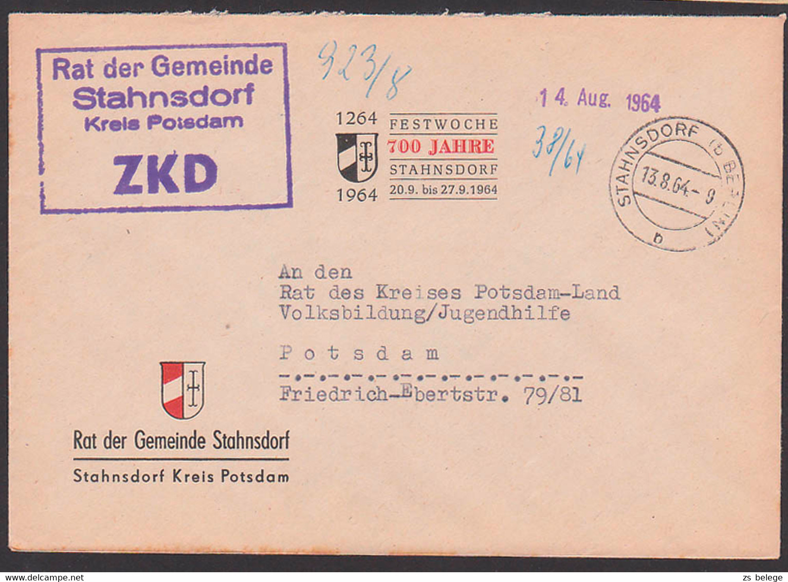 Stahnsdorf (b Berlin) Rat Der Gemeinde Kreis Potsdam, Jubiläum 700 Jahre, ZKD-Brief Mit Kastenstempel 13.8.64 - Other & Unclassified