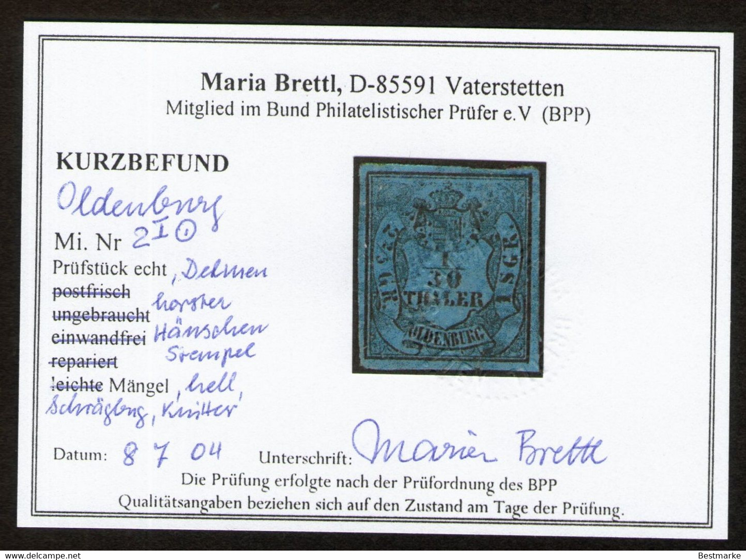 Delmenhorster Häuschenstempel Auf 1/10 Thaler Blau - Oldenburg Nr. 2 I - Geprüft BPP Mit KB - Oldenburg