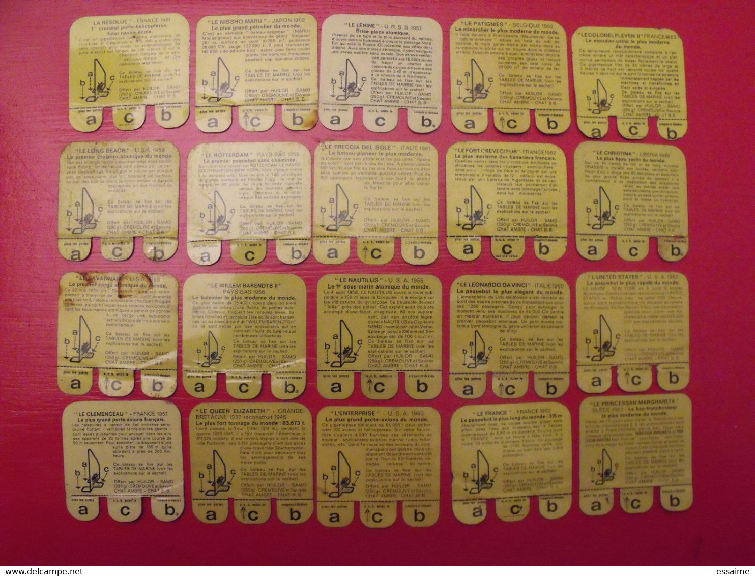 Lot De 20 Plaquettes Bateaux. Huilor Samo Chat Ambré Cremolive. Collection Complète. Lot 12 - Tin Signs (vanaf 1961)