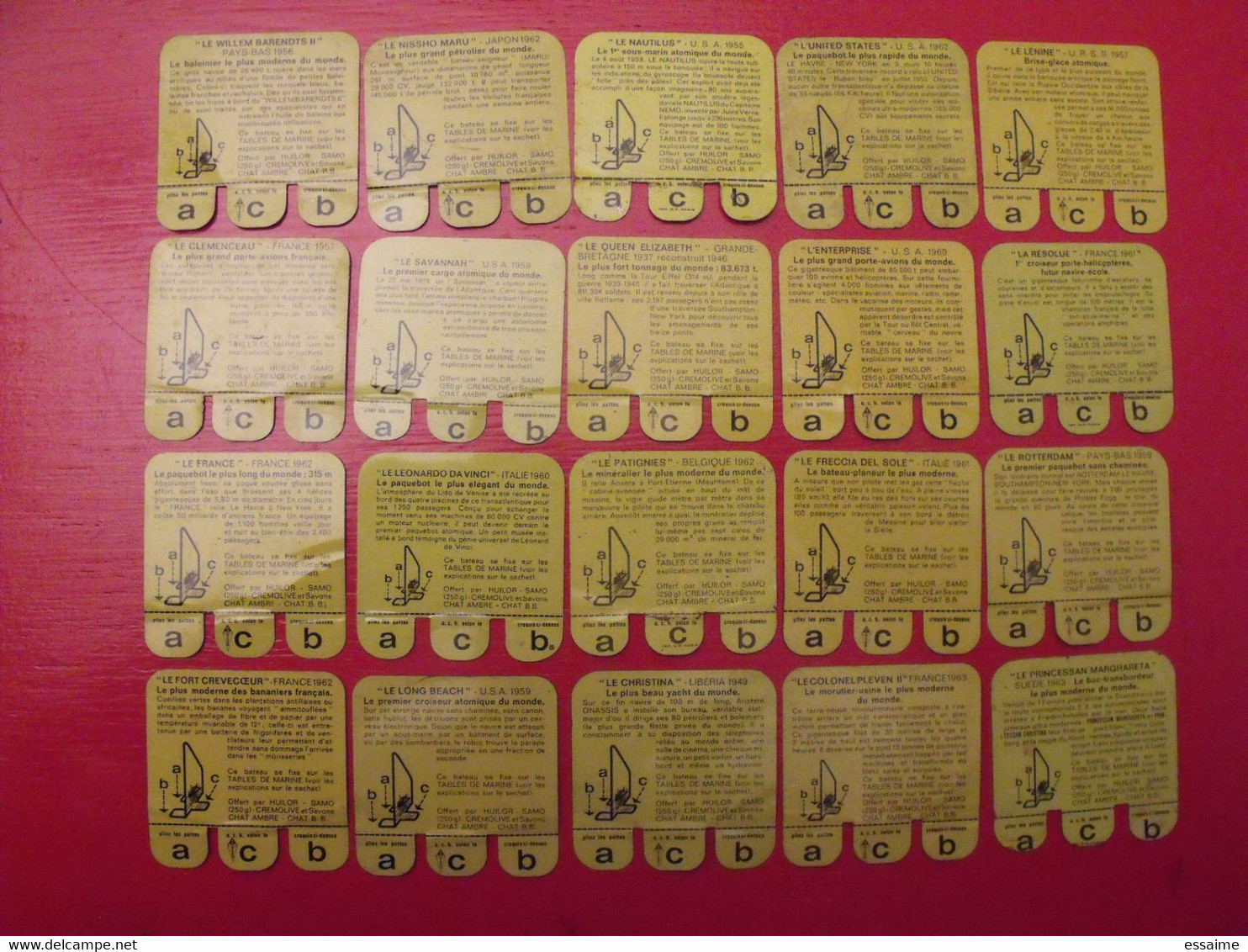 Lot De 20 Plaquettes Bateaux. Huilor Samo Chat Ambré Cremolive. Collection Complète. Lot 13 - Plaques En Tôle (après 1960)