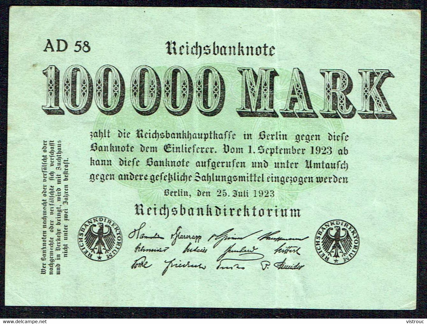 ALLEMAGNE - Reichbanknote - Hundert Tausend Mark - 100.000 Mark - Usagé - Used -  N° AD 58 - Année / Year 1923. - 100000 Mark