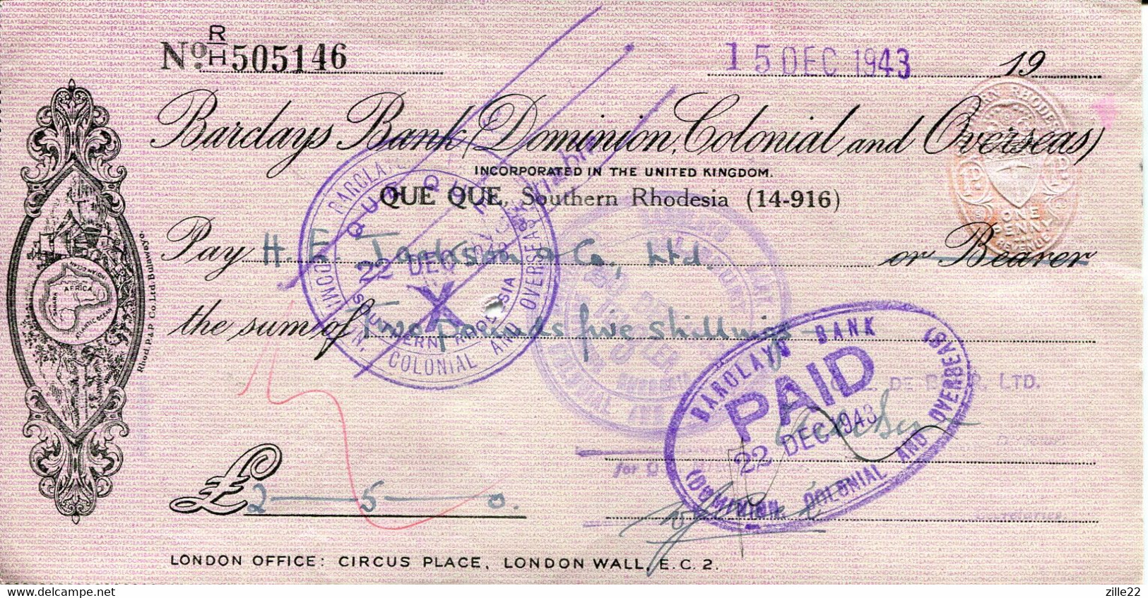 Southern Rhodesia 1943 - Cheque Barclays Bank Que Que - - Cheques & Traveler's Cheques