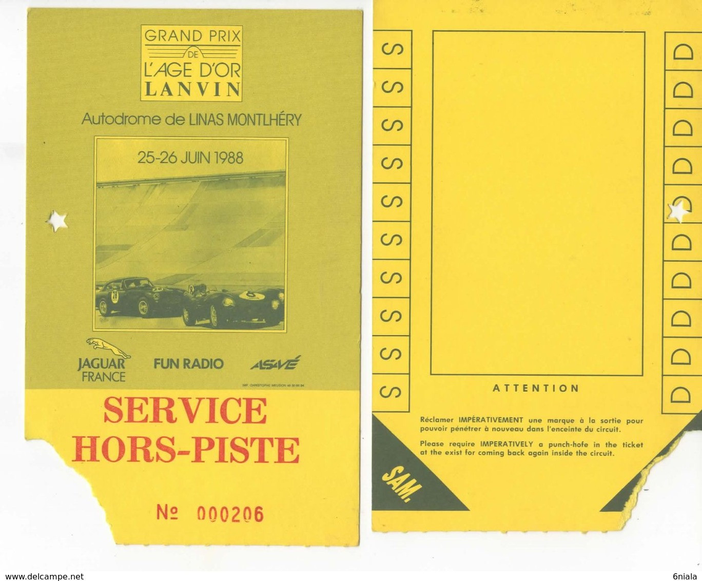 729 Ticket Entrée AUTODROME LINAS MONTLHERY Accès SERVICE  HORS PISTE Grand Prix  Age D'OR Lanvin  JAGUAR - Tickets - Vouchers