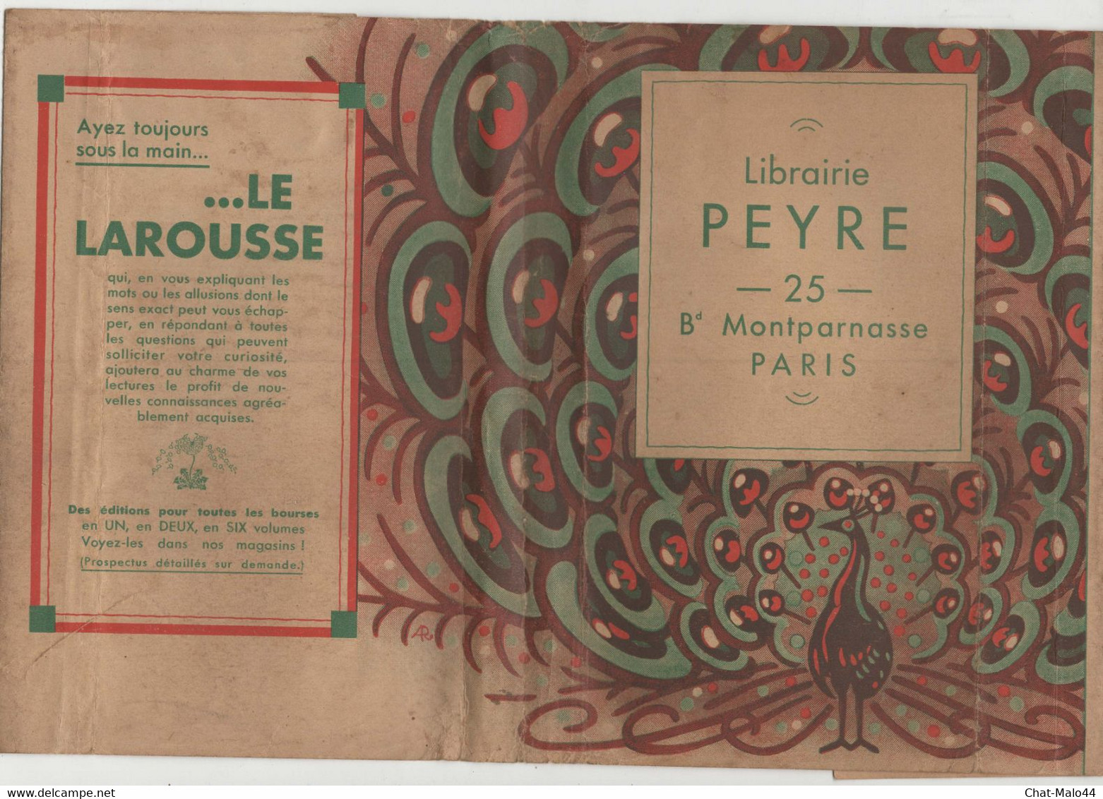 Protège Livre Publicitaire Illustré. Librairie Peyre, 25 Boulevard Montparnasse, Paris Et Publicité Le Larousse - L