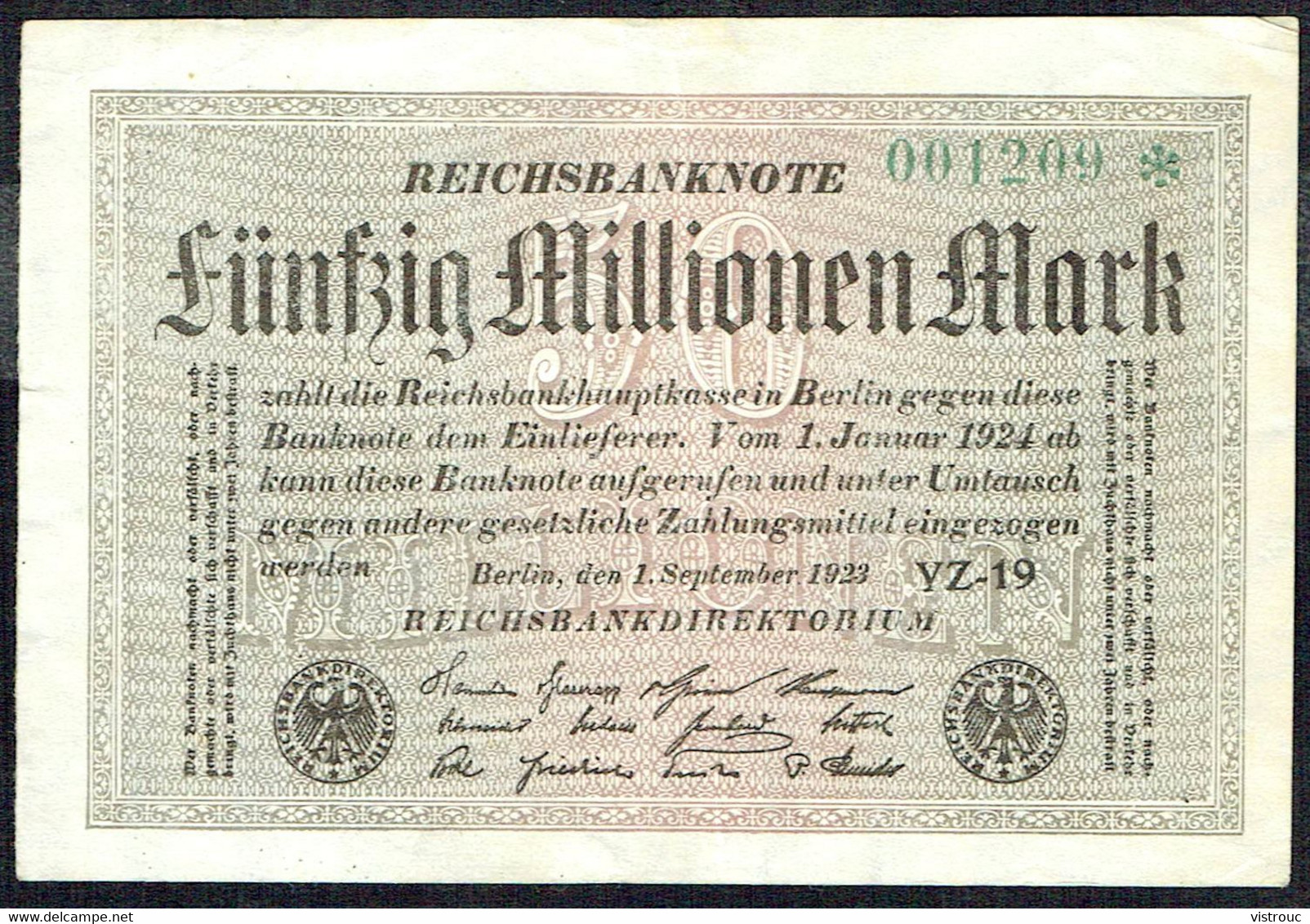 ALLEMAGNE - Reichbanknote - Fünfzig Millionen Mark - 50.000.000 Mark - Usagé - Used -  N° 001209 - Année / Year 1923. - 50 Millionen Mark