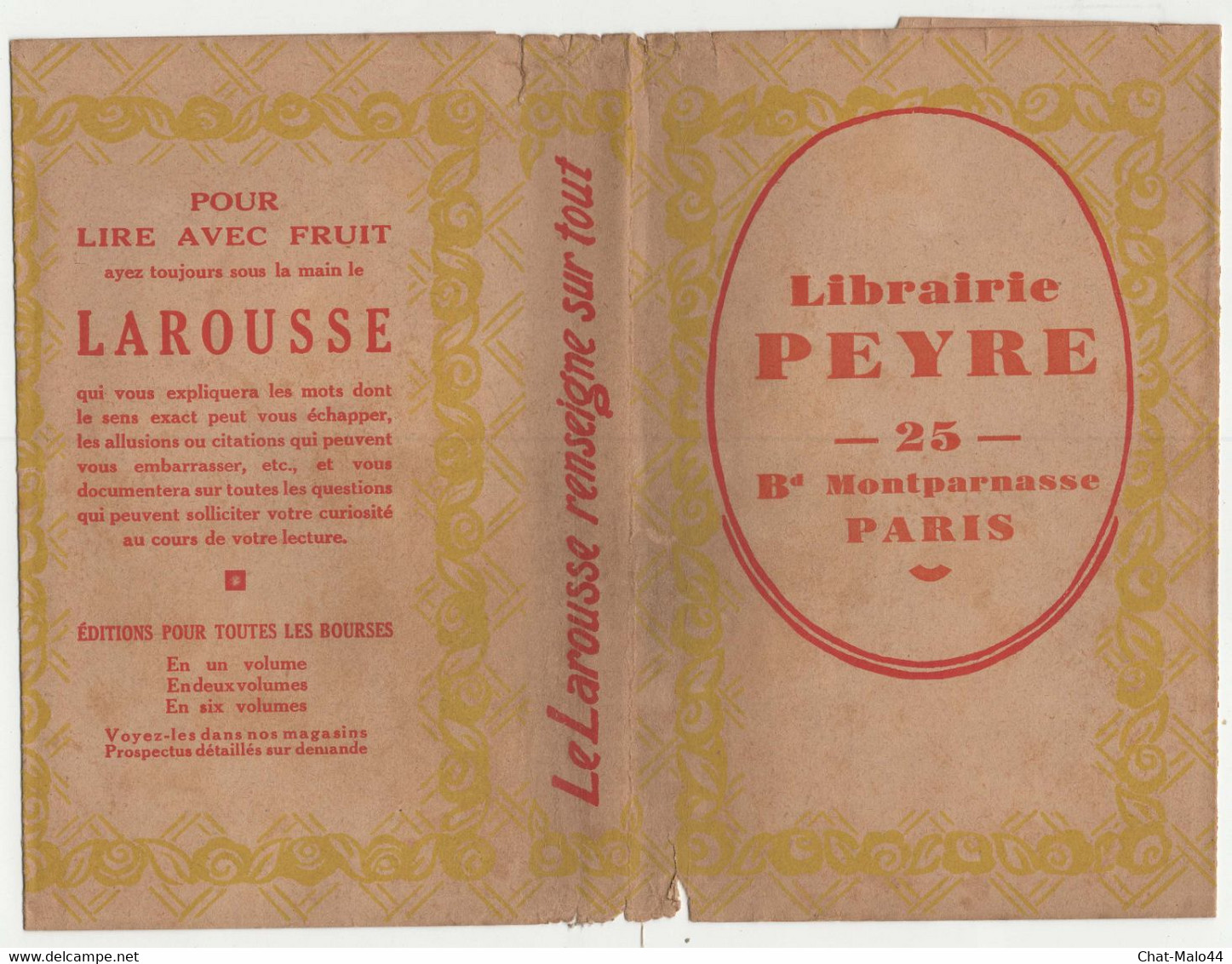 Protège Livre Publicitaire Illustré. Librairie Peyre, 25 Boulevard Montparnasse, Paris Et Publicité Le Larousse - L