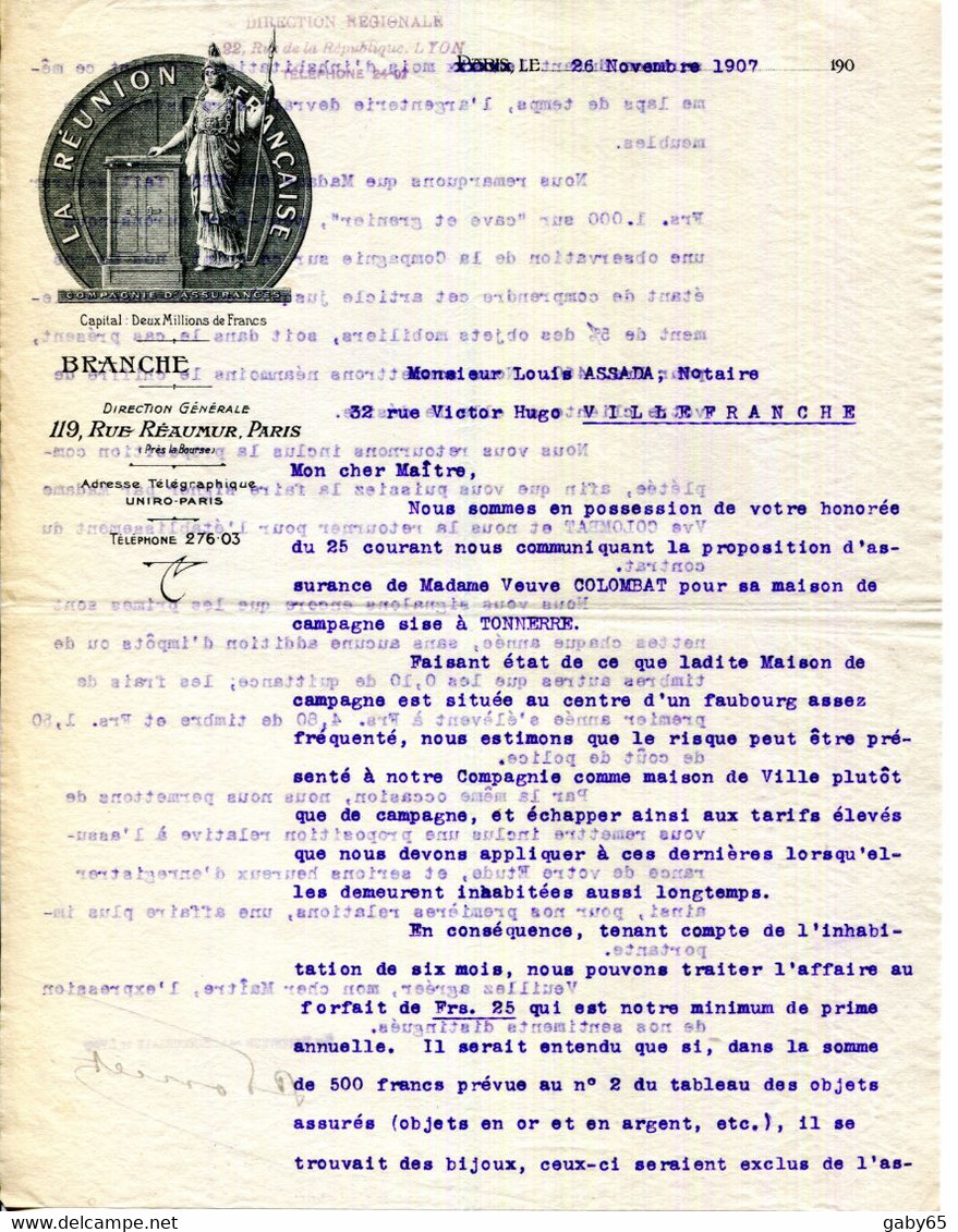 PARIS.COMPAGNIE D'ASSURANCE.LA REUNION FRANÇAISE.119 RUE REAUMUR. - Bank & Insurance