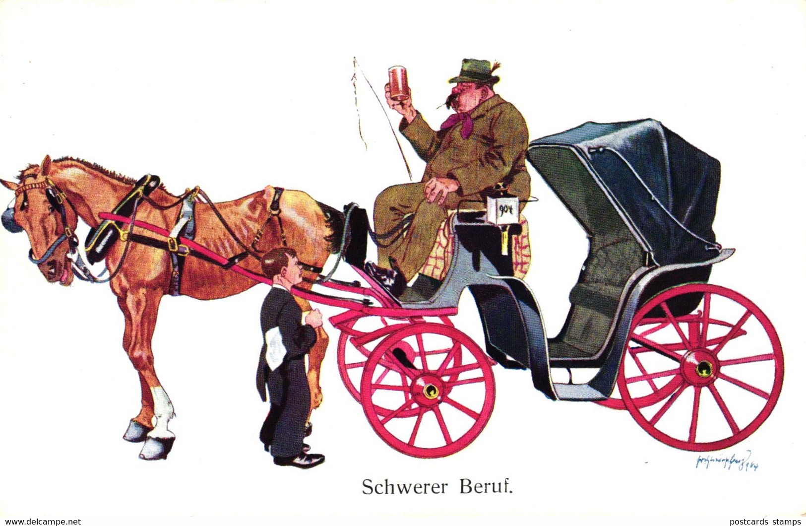 Pferd, Kutsche, Fiaker, "Schwerer Beruf", Sign. Schönpflug - Schoenpflug, Fritz