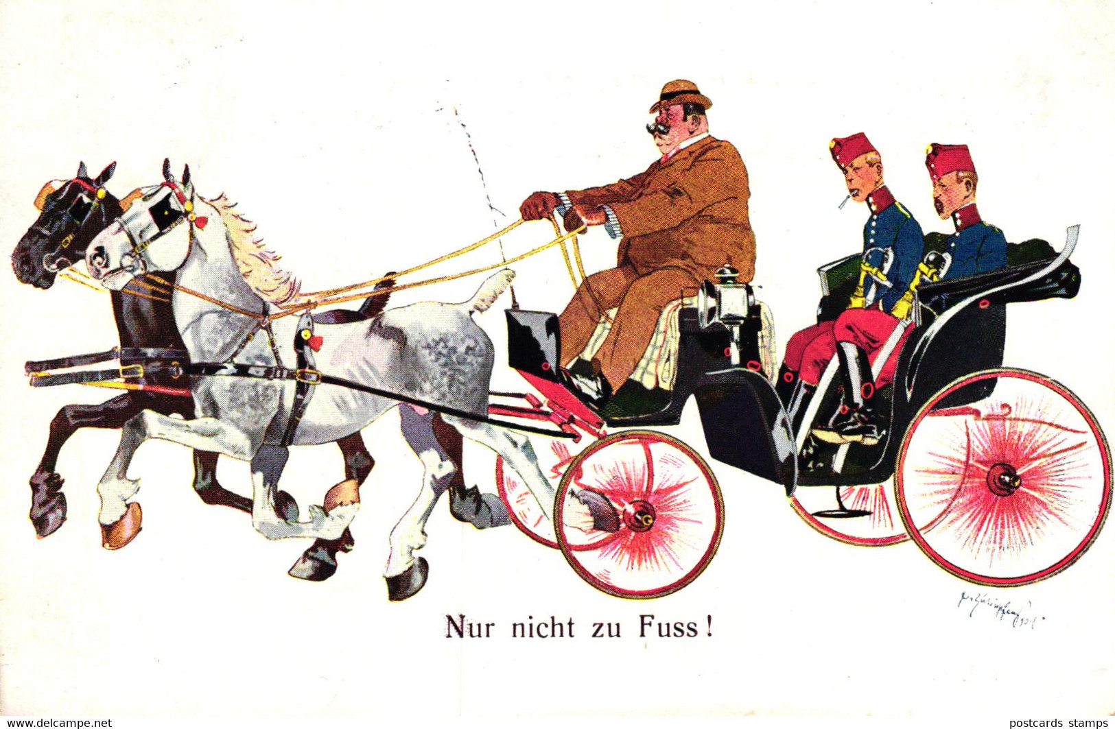 Soldaten, Pferde, Kutsche "Nur Nicht Zu Fuss", Sign. Schönpflug - Schönpflug, Fritz