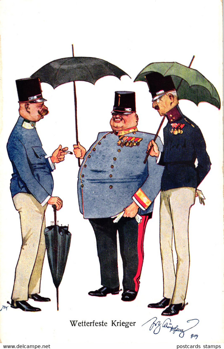 Soldaten Mit Regenschirmen, "Wetterfeste Krieger", Sign. Schönpflug - Schönpflug, Fritz