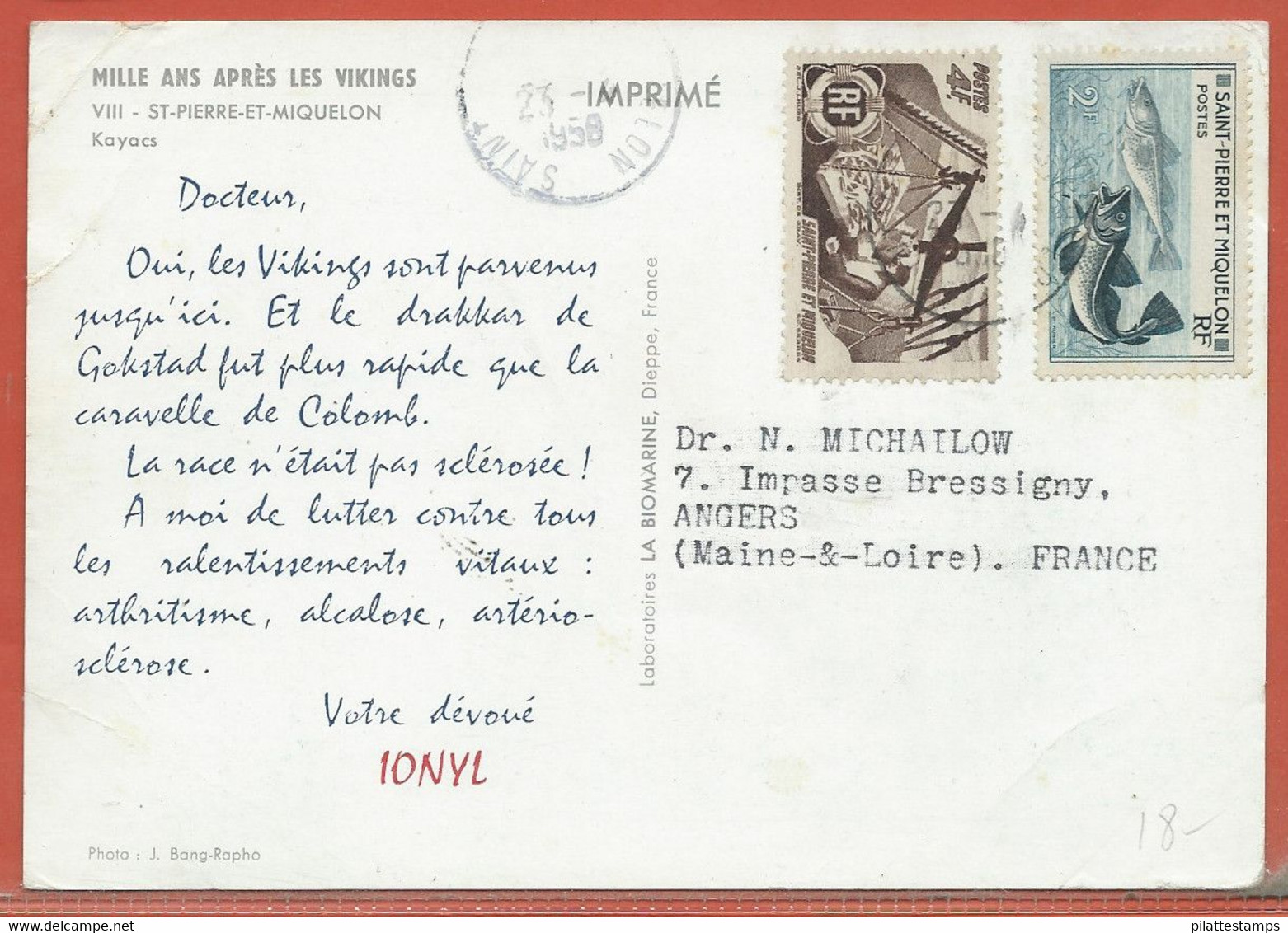 SAINT PIERRE & MIQUELON CARTE PHARMACEUTIQUE DE 1958 POUR ANGERS FRANCE - Covers & Documents