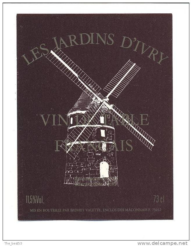 Etiquette De Vin De Table -  Les Jardins D'Ivry - Bedhet Valette Enclos Des Maconnais Paris - Moulin à Vent - Molinos De Viento