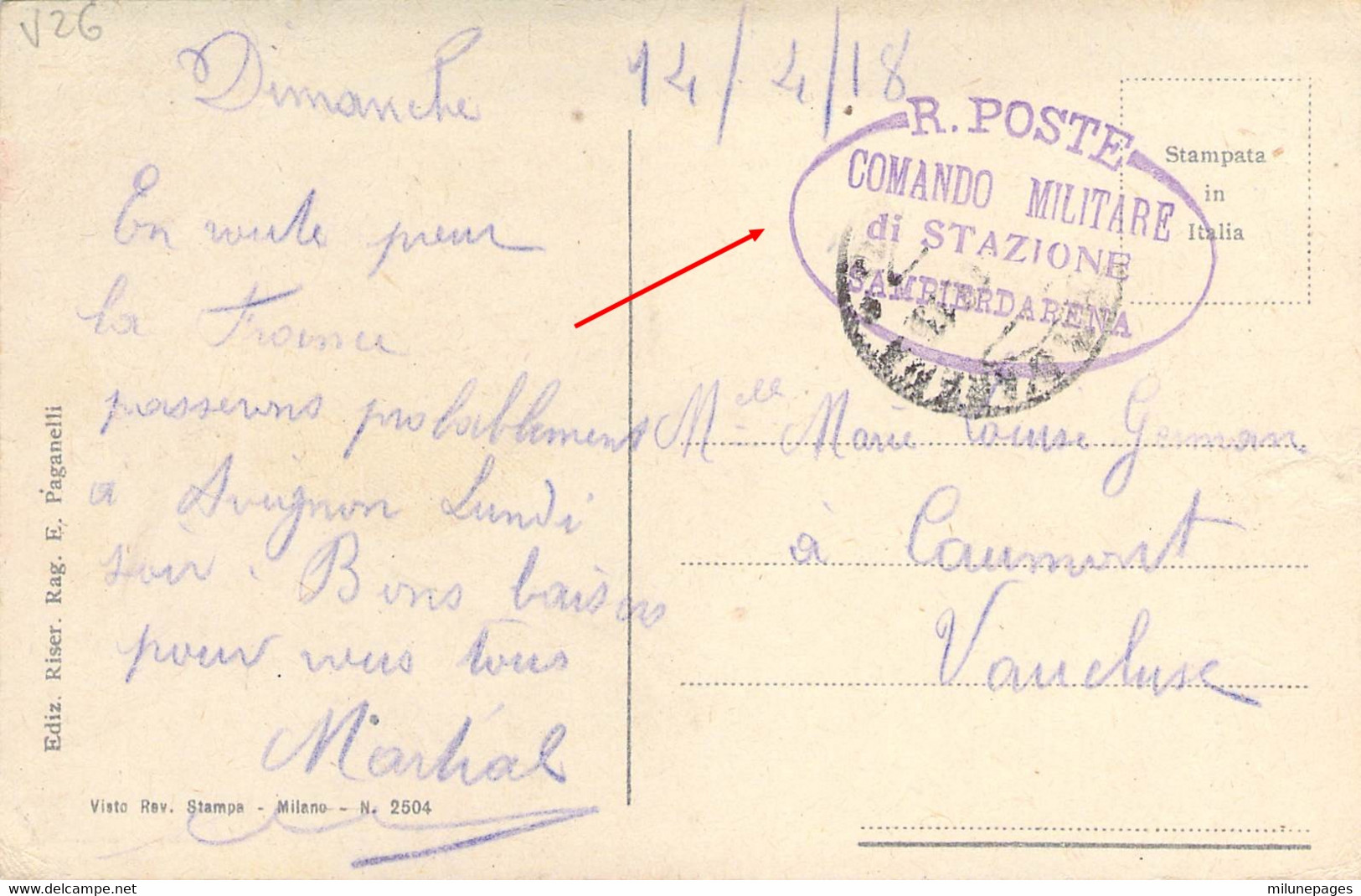 ITALIE ITALIA 1918 Franchigia R.POSTE Comando Militare Di Stazione Sampierdarena Su Cartolina Genova - Andere & Zonder Classificatie