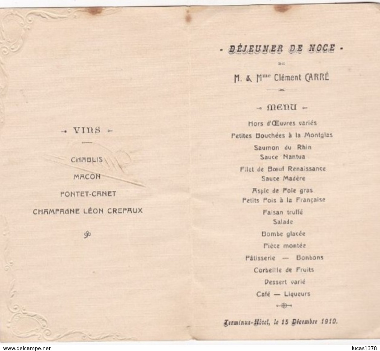 MENU DEJEUNER DE NOCE 1910 / TERMINUS HOTEL MR ET MME CARRE - Menu