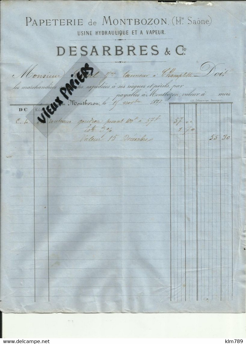 70 - Haute Saone - Montbozon - Facture 19e - Desarbres & Cie - Papeterie - 1877  - Réf.46. - 1800 – 1899